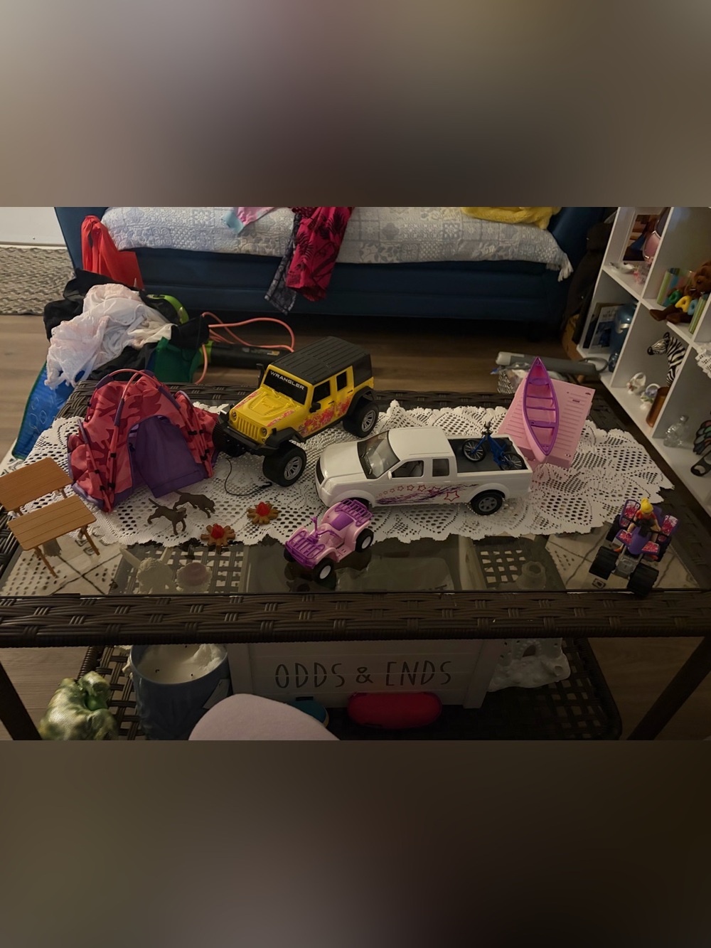 Wrangler Yellow & Black Toy Jeep with White Pickup and Purple Accents Playset